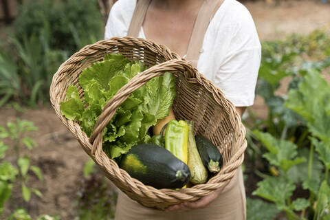 Nahaufnahme einer jungen Frau, die einen Weidenkorb mit Gemüse im Garten hält, lizenzfreies Stockfoto