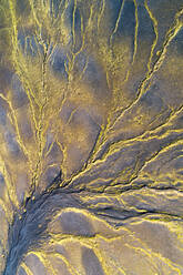 Aerial view, shot straight down, of green lines on a mountainside in Veidivotn in the highlands of Iceland - AAEF09208