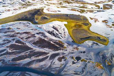 Aerial view of a tongue of land and sandbanks in a lake in the Veidivotn area in the highlands of Iceland - AAEF09210