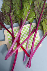 Chard leaves on checkered cutting board - GISF00629