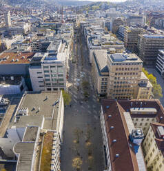 Aerial view sunny cityscape, Stuttgart, Baden-Wuerttemberg, Germany - FSIF04784