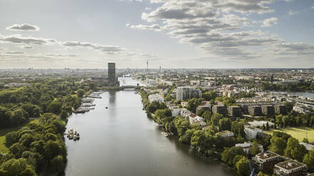 Sunny, scenic view Berlin cityscape and Spree River, Germany - FSIF04821