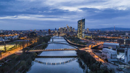 Frankfurt cityscape and bridges over River Main at night, Germany - FSIF04851