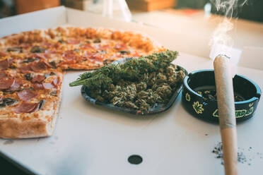 Marihuana oder Cannabispflanze und eine Pizza - ADSF05689