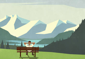 Mann auf Bank genießt malerische Berglandschaft Blick - FSIF05010