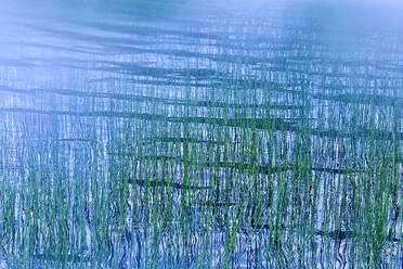 Abstraktion von blauem Wasser mit Plätschern mit grünem Ton in Unschärfe - ADSF05829