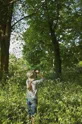 Neugieriges Mädchen mit Fernglas Vogelbeobachtung im sonnigen Wald - FSIF05088