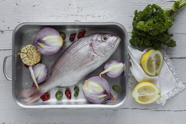 Vegetables and fish in baking pan - ADSF05910
