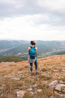 Girl Traveler Hiking Backpack Rocky Mountains Stock Photo