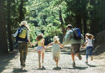 Family holding hands and running in woods - CAIF28541
