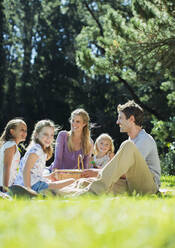 Lächelnde Familie beim Picknick im Gras - CAIF28566