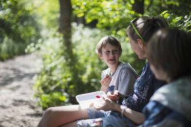 Mutter und Söhne genießen einen Snack im sonnigen Park - CAIF28792