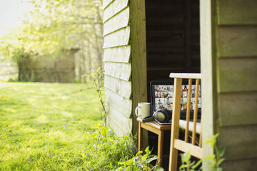 Friends video chatting on laptop screen in sunny garden shed - CAIF28947