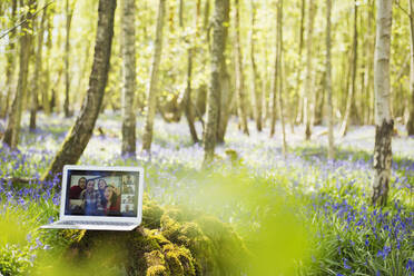 Freunde beim Videochat auf dem Laptop-Bildschirm im sonnigen Wald - CAIF28952