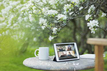 Videochat von Kollegen auf einem digitalen Tablet-Bildschirm im Garten - CAIF28962