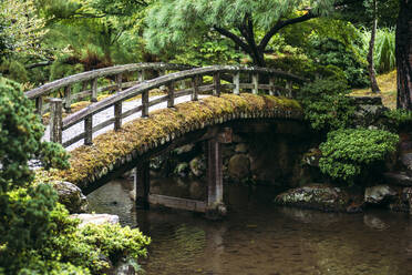 Japan, Kyoto, Fußgängerbrücke über Teich in japanischem Garten - EHF00636