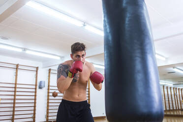 Junger bärtiger Mann trainiert in einem Fitnessstudio und schlägt mit der Faust auf seinen Boxsack ein - ADSF06721