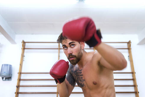 Junger Mann beim Boxtraining in einem Fitnessstudio - ADSF06765