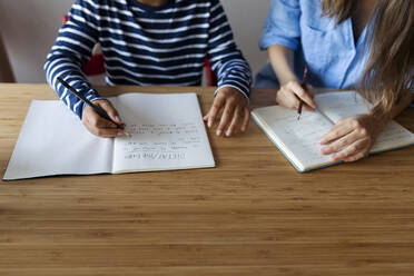 Female tutor with boy studying on table at home - VABF03250