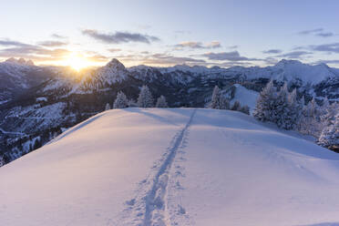 Ski tracks on snowcapped peak of Schonkahler mountain at sunrise - MALF00041