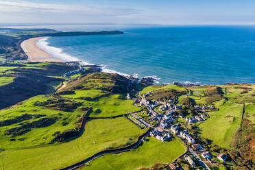 Aerial view over Mortehoe and Woolacombe Bay, North Devon, England, United Kingdom, Europe - RHPLF16494