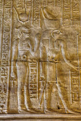 Göttin Hathor links mit Gott Horus rechts, Basreliefs, Heiligtum des Horus, Horus-Tempel, Edfu, Ägypten, Nordafrika, Afrika - RHPLF16527