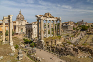 View of Roman Forum (Foro Romano), Temple of Saturn and Arch of Septimius Severus, UNESCO World Heritage Site, Rome, Lazio, Italy, Europe - RHPLF16585