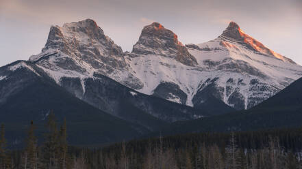 Abendlicht auf den Gipfeln der Three Sisters in der Nähe des Banff National Park, Canmore, Alberta, Kanadische Rocky Mountains, Kanada, Nordamerika - RHPLF16631