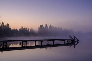 Jetty on shore of Kirchsee lake at foggy dawn - LBF03168