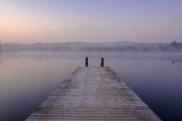 Jetty on shore of Kirchsee lake at foggy dawn - LBF03178