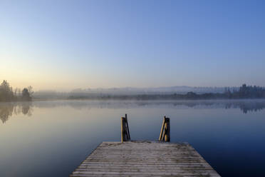 Jetty on shore of Kirchsee lake at foggy dawn - LBF03179