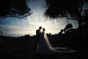 Side view of newlyweds hugging in park near trees at night - ADSF07233