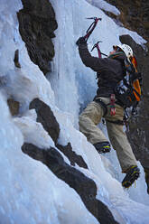 Young man climbing frozen waterfall in Iceland - CAVF87779