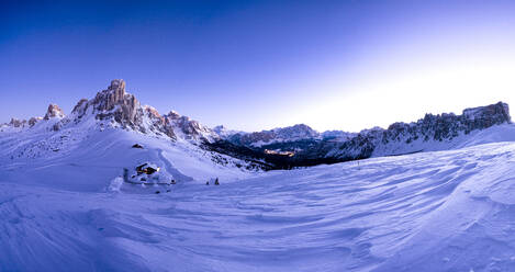 Pano of snowy Ra Gusela, Cortina d'Ampezzo, Monte Cristallo and Lastoi De Formin at dusk, Giau Pass, Dolomites, Veneto, Italy, Europe - RHPLF17048