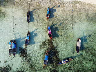 Aerial of fishing boats in the waters of Koh Lipe, Tarutao National Park, Thailand, Southeast Asia, Asia - RHPLF17087
