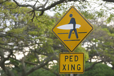 Fußgängerüberweg-Schild, modifiziert für Surfer auf Kauai, Hawaii, Vereinigte Staaten von Amerika, Nordamerika - RHPLF17141