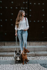 Trendy modern woman with bulldog and hound standing on street side walk smiling - ADSF07761