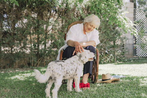 Smiling senior woman playing with dog while sitting on chair in yard - ERRF04122