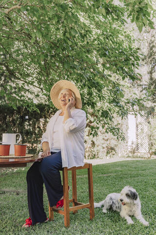 Cheerful senior woman talking over smart phone while sitting on stool by dog in yard stock photo