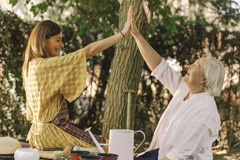 Cheerful mother and daughter giving high-five while sitting in yard - ERRF04134