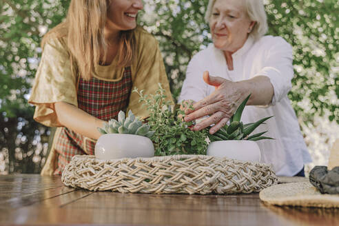 Mother with daughter planting on table in yard - ERRF04136