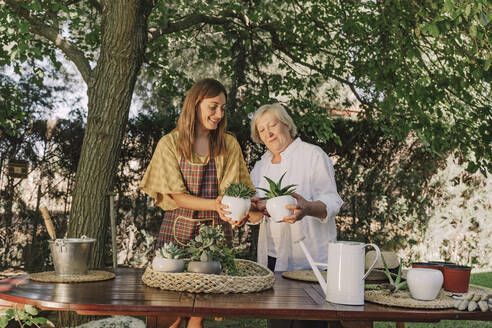 Mother and daughter holding potted plants while standing at table in yard - ERRF04144