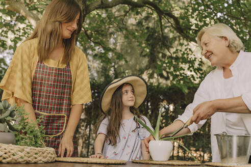 Multi-generation family gardening on table in yard - ERRF04167