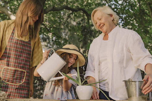 Mother and grandmother looking at girl watering potted plant on table in yard - ERRF04171