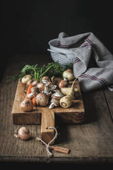 Set aus schmackhaftem frischem Gemüse, das auf einem Holzbrett zum Kochen vorbereitet ist - ADSF08683