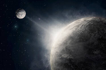 Spektakuläre Weltraum Hintergrund einschließlich der Erde Planeten und Mond mit Sternen während des Sonnenaufgangs - ADSF08729