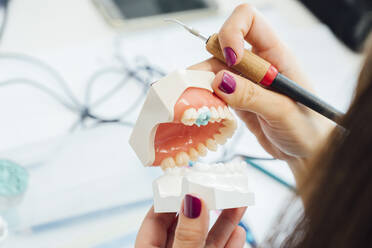 Von oben: Studentin mit künstlichem Zahnmodell und Bohrer-Lerntraining für zahnärztliche Behandlungen während des Unterrichts im Labor - ADSF08768