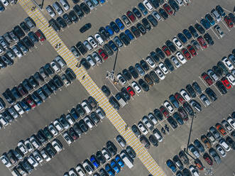 Russia, Republic Of Karelia, Sortavala, Aerial view of filled parking lot in Ruskeala Mountain Park - KNTF05072