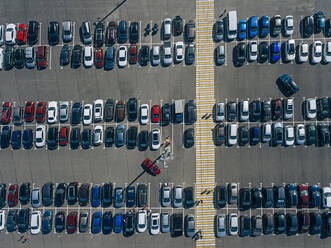 Russia, Republic Of Karelia, Sortavala, Aerial view of filled parking lot in Ruskeala Mountain Park - KNTF05073