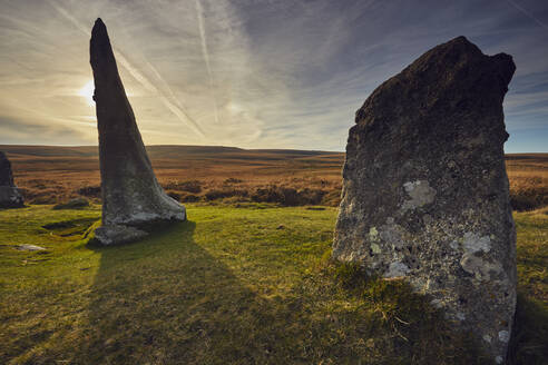 Alte prähistorische stehende Steine in einem Steinkreis, Scorhill Stone Circle, Dartmoor National Park, Devon, England, Vereinigtes Königreich, Europa - RHPLF17207